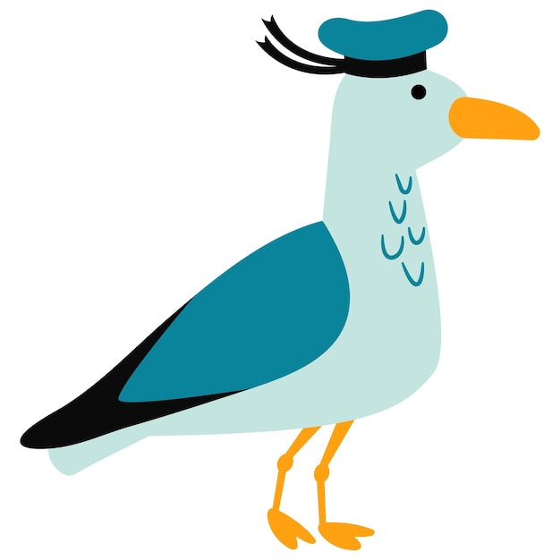 Cute hand drawn seagull with a pirate biret White background isolate