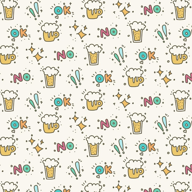 Cute hand drawn seamless pattern with beer Vector illustration Doodle style