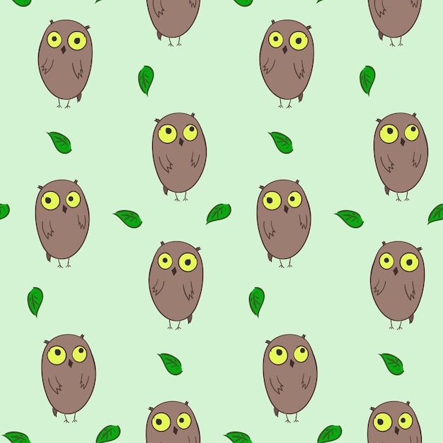 Cute hand drawn seamless pattern with cartoon thoughtful owls and leaves