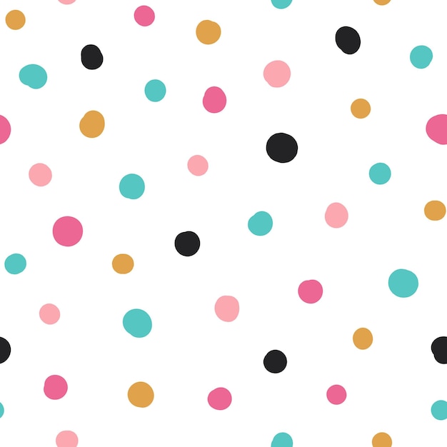 Cute hand drawn seamless pattern with Colorful Polka Dots. Abstract Multicolored doodle shapes