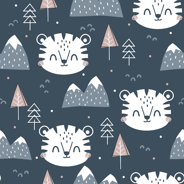 호랑이 나무와 눈 덮인 산으로 귀여운 손으로 그린 매끄러운 패턴 크리에이 티브 스칸디나비아 Woodla