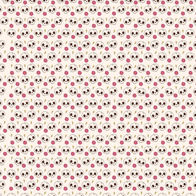 Cute hand drawn seamless skull pattern background. skull with flower and thunder.