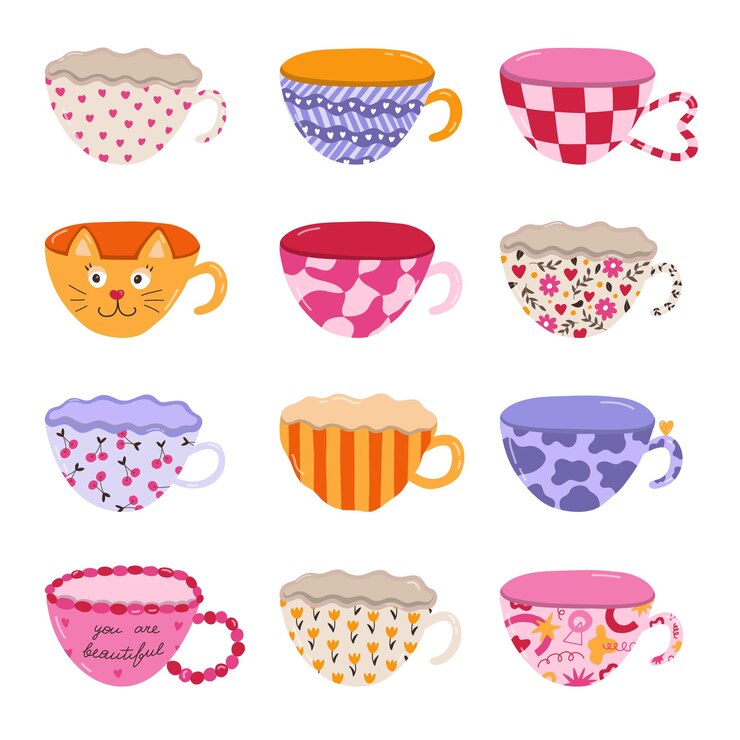 Vector cute hand drawn set of handmade ceramic mugs with colorful patterns different tea cup and coffee mug for scandinavian kitchen vector clipart of morning crockery cartoon cup porcelain tableware