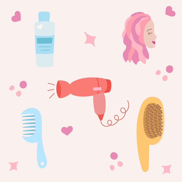 Set disegnato a mano carino con asciugacapelli diversi pettini bottiglia di shampoo o balsamo e donna felice con capelli mossi in diverse tonalità di rosa illustrazione vettoriale con prodotti per la cura dei capelli