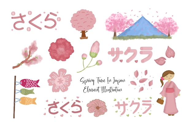 Cute hand drawn spring korea and japan illustration