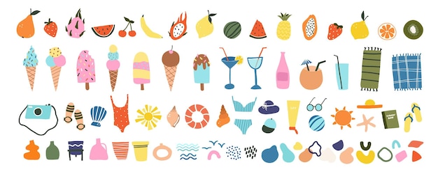Симпатичные рисованной летние иконки фрукты, мороженое, коктейли, пляжные товары. уютный хюгге в скандинавском стиле для открытки, поздравительной открытки. векторные иллюстрации в плоском мультяшном стиле