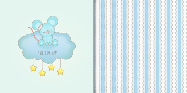 Cute hand drawn sweet dreams baby mouse on a blue cloud and seamless pattern
