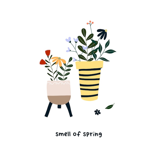 Simpatici fiori in vaso sboccianti disegnati a mano. modello accogliente in stile scandinavo hygge per cartoline, poster, biglietti di auguri, t-shirt per bambini. illustrazione vettoriale in stile cartone animato piatto