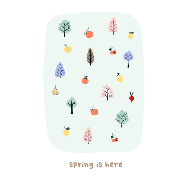 Cute hand drawn tiny spring trees and fruits. cozy hygge scandinavian style template for postcard, poster, greeting card, kids t shirt design. vector illustration in flat cartoon style