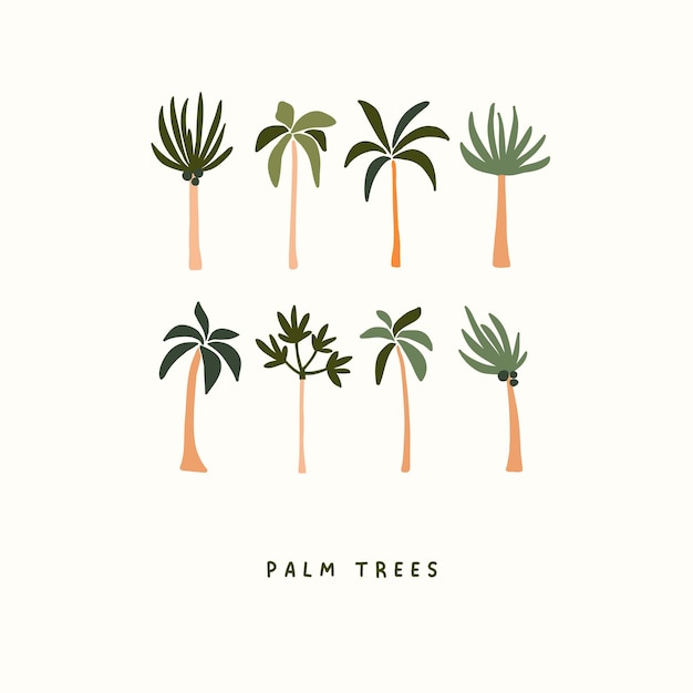 Cute hand drawn tiny summer palm trees isolated on white background. Summer icons vector illustration in flat hand drawn doodle style