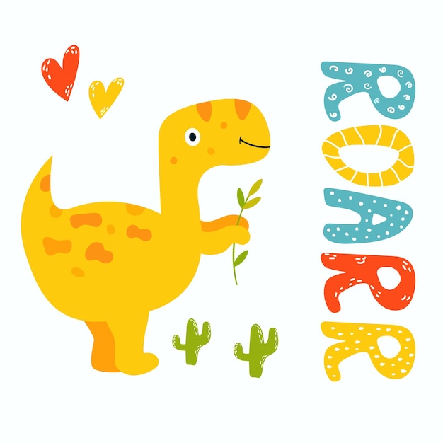 Vector cute hand drawn trex dino roarr greeting card suitable also for prints
