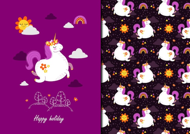 Cute hand drawn unicorn flying in the sky happy holiday seamles pattern