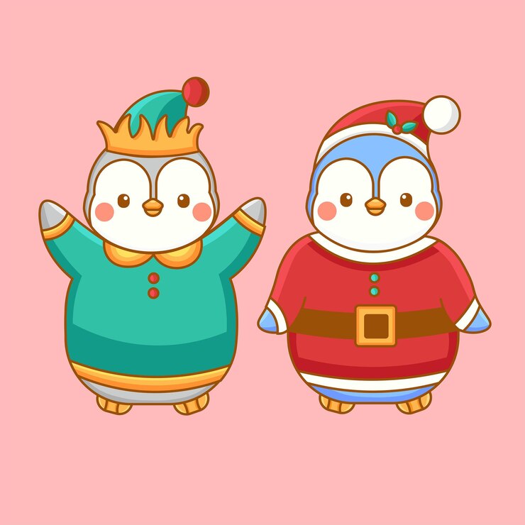 Vector cute hand drawn vector cartoon penguin in a santa claus costume and christmas elf costume