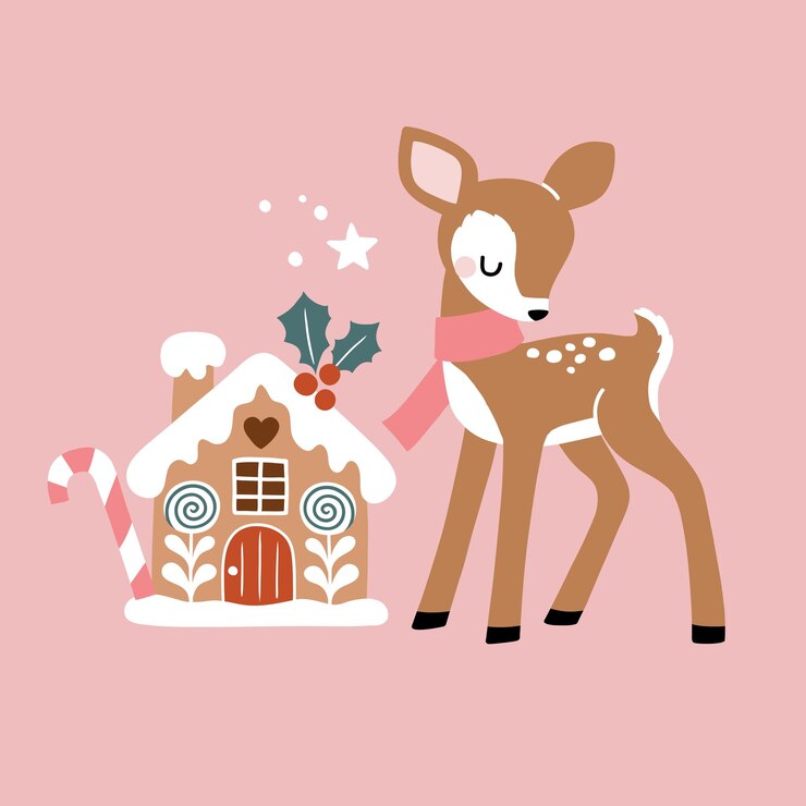 Vector cute hand drawn vector christmas deer with gingerbread house