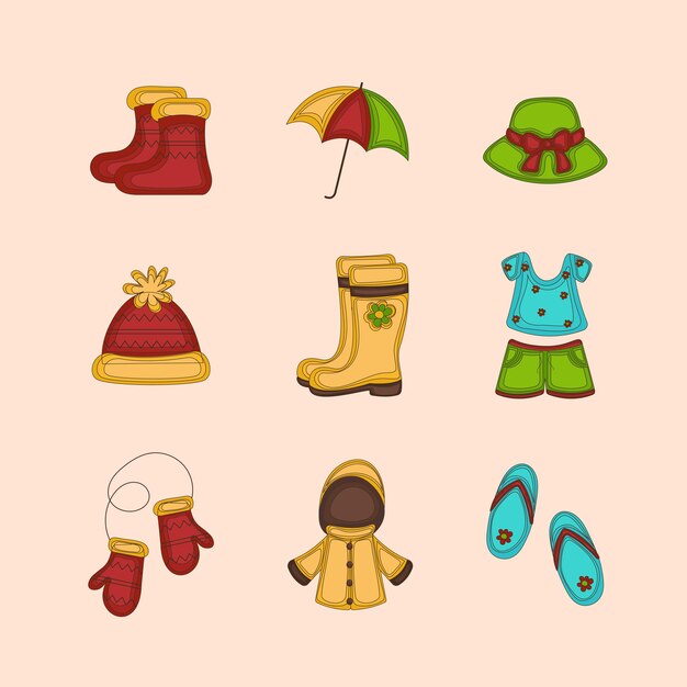 Vector cute hand-drawn vector cliparts of season clothes