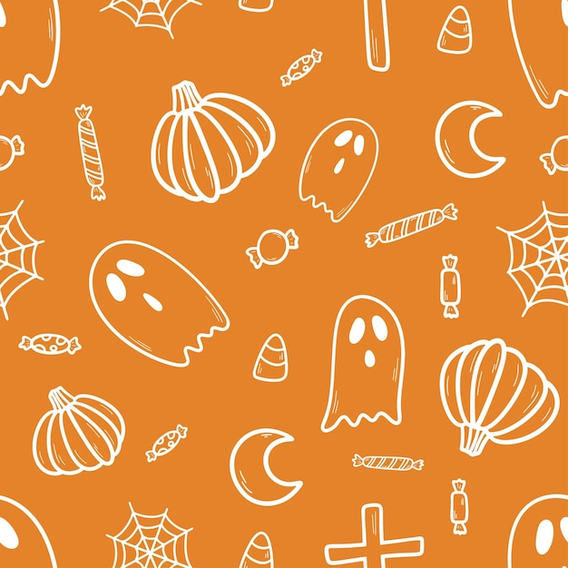 Vector cute hand drawn vector halloween seamless pattern orange doodle background for halloween print banne