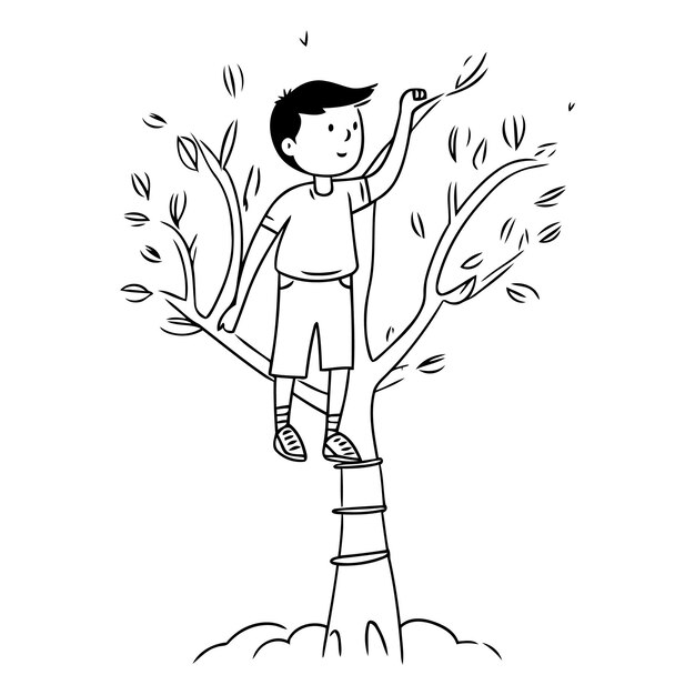 Cute hand drawn vector illustration of a boy climbing a tree