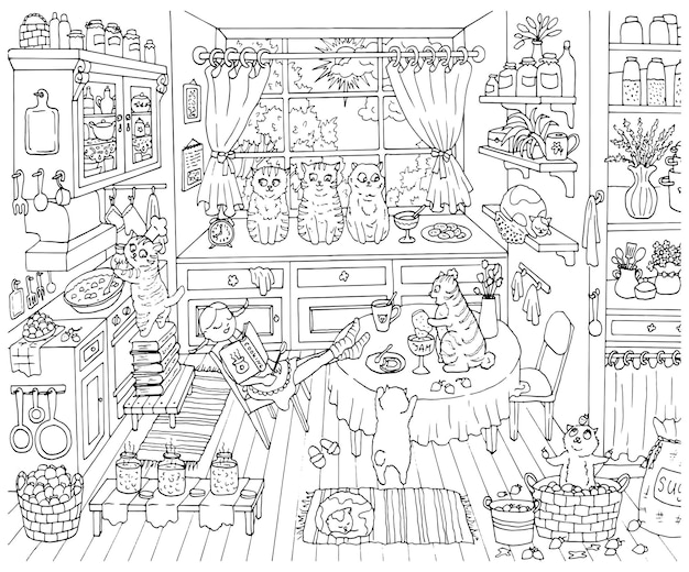 Милая ручная векторная иллюстрация со старой кухонной девушкой и кошками