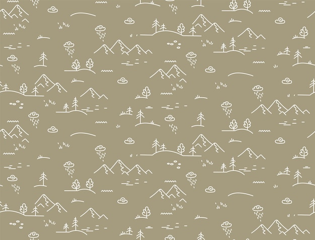Симпатичный ручной рисунок векторного бесшовного рисунка с горами и лесным ландшафтом