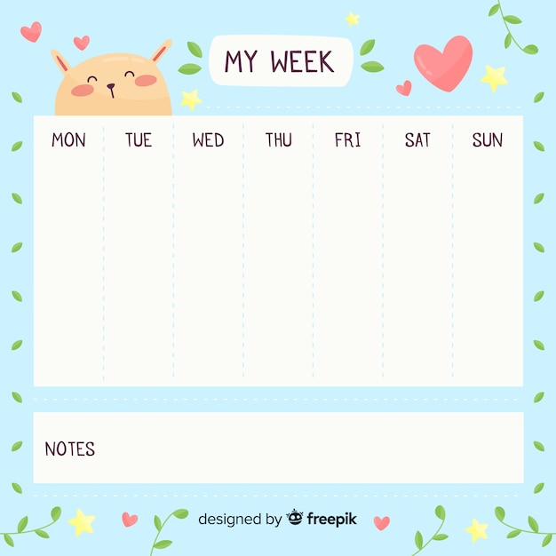 Cute hand drawn weekly schedule template