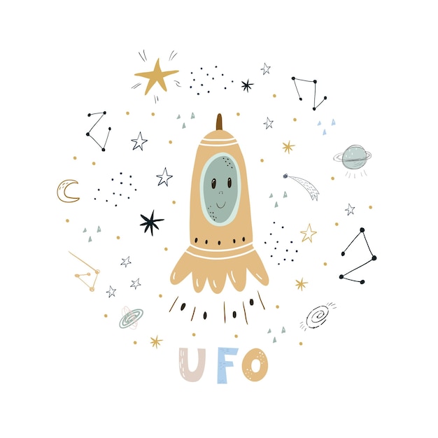 Cute hand drawn with space rocket