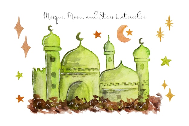 a cute hand painted mosque watercolor with moon and stars ornament