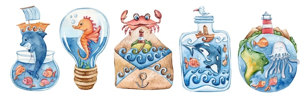 Cute hand painted watercolor cartoon underwater animals Funny Illustration set