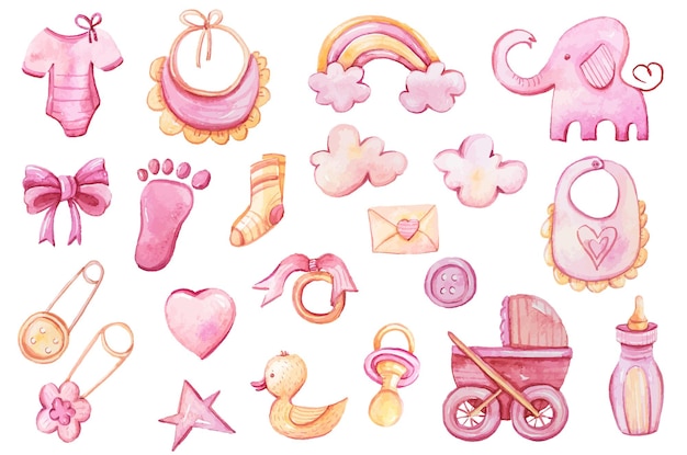 Cute hand painted watercolor nursery baby girl illustration set for baby shower stickers print