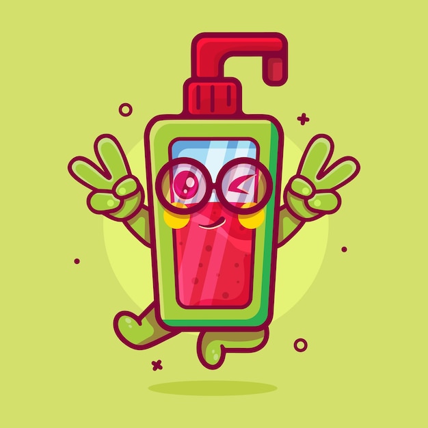 Cute hand sanitizer bottle character mascot with peace sign hand gesture isolated cartoon