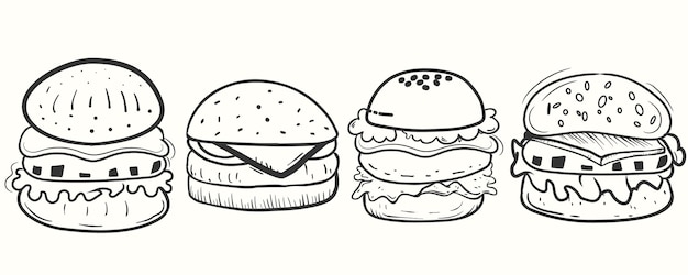 Simpatico hamburger disegnato a mano in stile doodle set di illustrazioni per hamburger