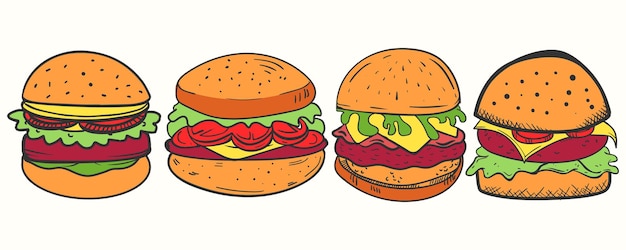 Illustrazione disegnata a mano sveglia dell'icona dell'hamburger messa nello stile del fumetto