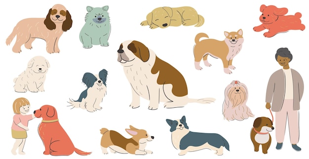 Vector cute handdrawn cartoonish dogs vector illustration set isolated on a white background