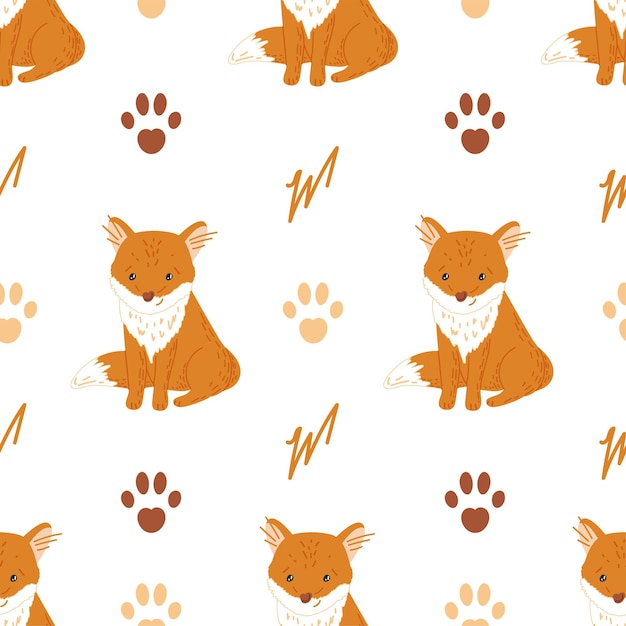 Cute handdrawn childish seamless pattern with kind fox in cartoon style on a white background