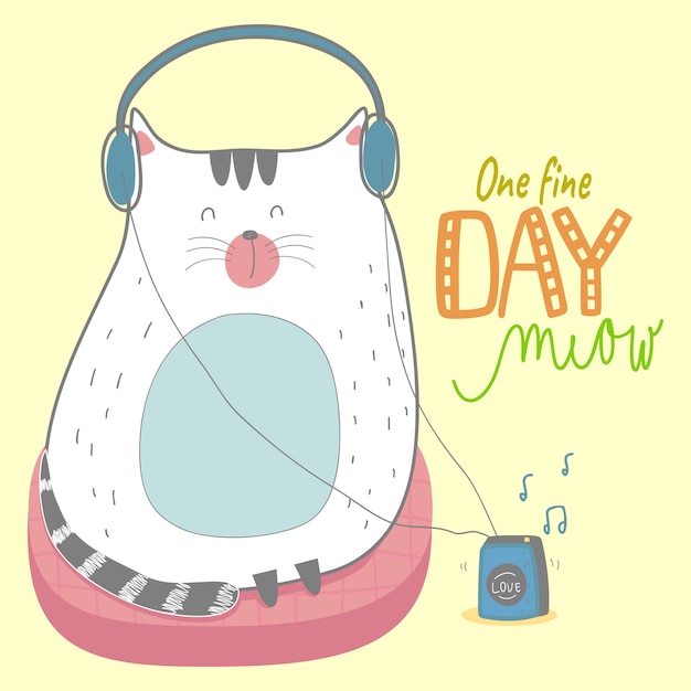 Cute handdrawn cute cat kitty, meow, pillow, walkman, music