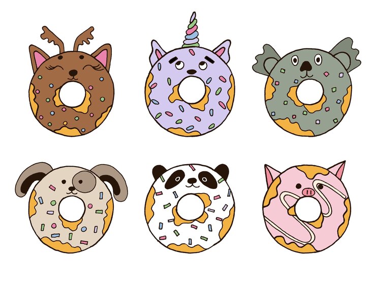 Cute handdrawn donut animals set