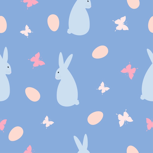 Cute handdrawn Easter seamless pattern with rabbits Easter eggs butterflies