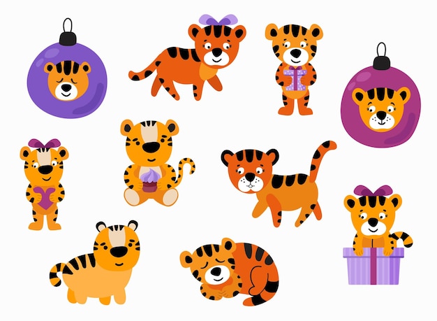 Cute handdrawn set of tiger cubs White background isolate Vector illustration