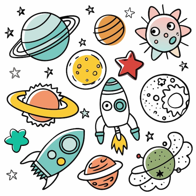 可愛的手繪太空涂<unk>,包括行星,火箭和星星