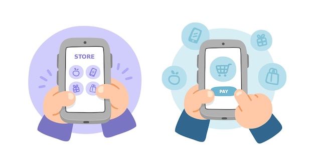 Vector cute hands using smartphone for online shopping