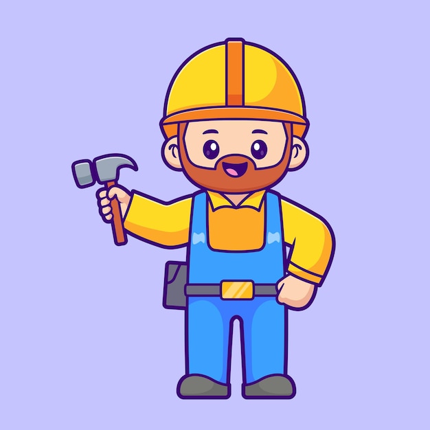 ハンマーを握る可愛い手作業員 漫画 ベクトル アイコン イラスト 人間 職業 孤立したフラット