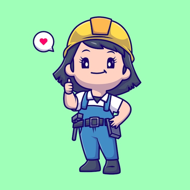 Vector cute handywoman thumbs up cartoon vector icon illustration. people construction icon isolated flat