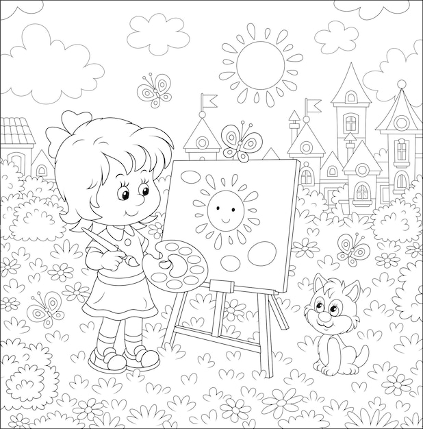 Cute happily smiling little girl drawing the sun and clouds with paints on an easel in a summer park