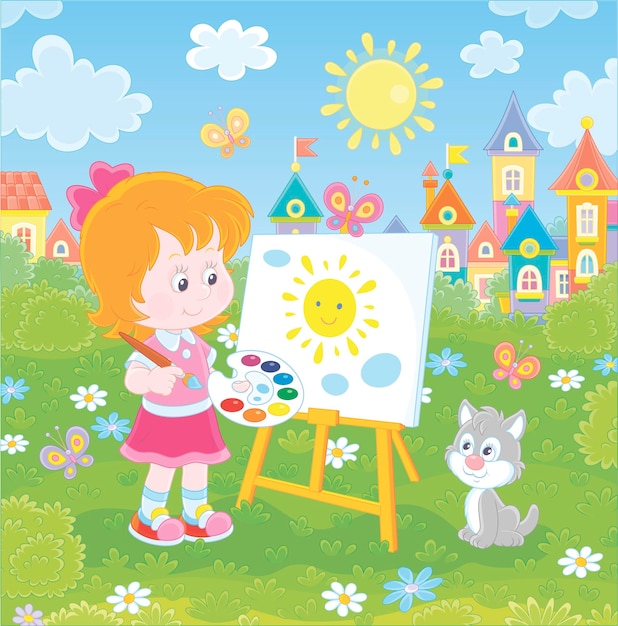 Vettore bambina sorridente felicemente sveglia che disegna il sole e le nuvole con le pitture sul suo cavalletto in un parco verde