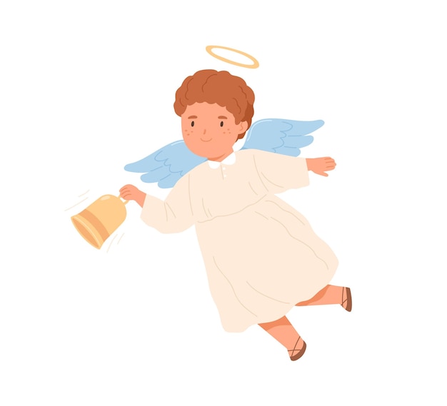 Cute happy angel flying and holding bell. Little boy with nimbus ringing handbell. Religious Christmas character. Colored flat vector illustration of peaceful child spirit isolated on white background