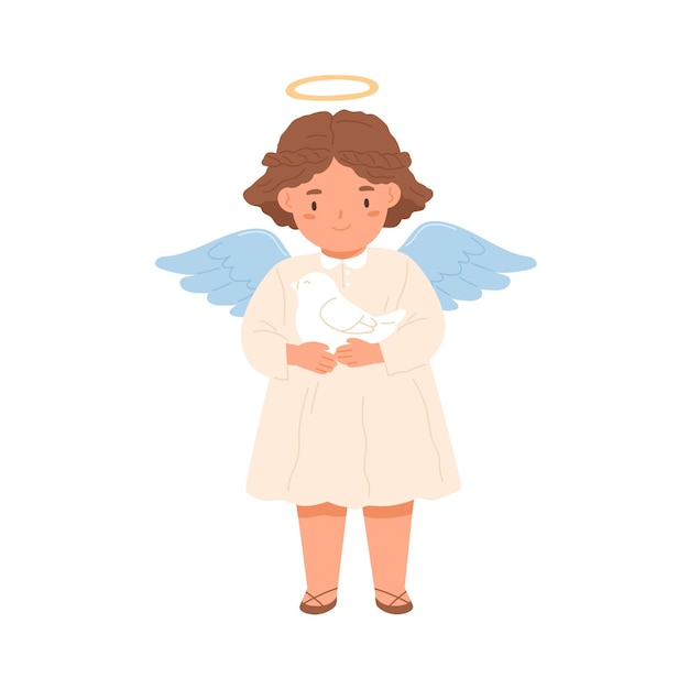 Cute happy angel with halo and wings holding Peace Dove in hands. Peaceful little girl with bird. Concept of hope and charity. Colored flat vector illustration isolated on white background.