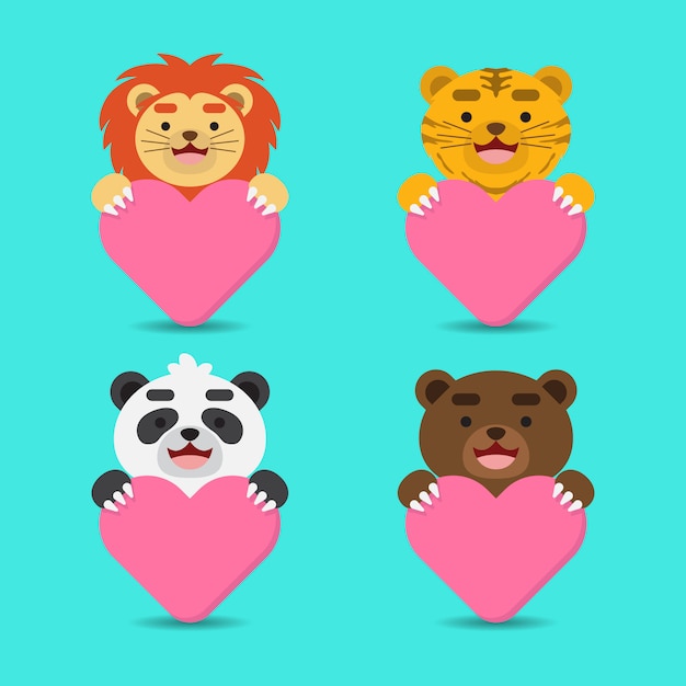 Cute happy animal holding heart avatars