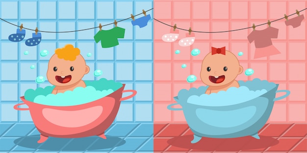 Vector cute happy baby bath. boy and girl bathing in a tub with foam bubbles.