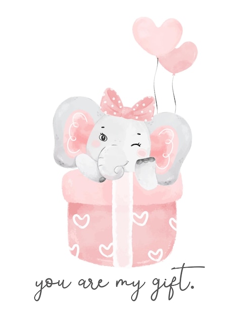 Cute happy baby pink elephant girl on present gift box with heart balloon nursery watercolor wildlife animal hand drawn illustration