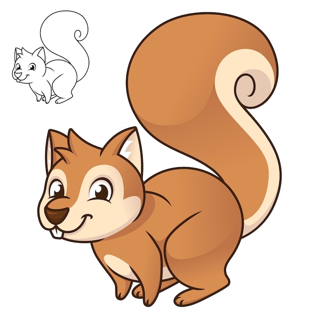 Cute happy baby squirrel with black and white line art drawing