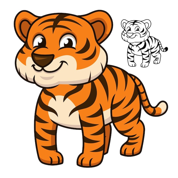 Cute Happy Baby Tiger with Black and White Line Art Drawing